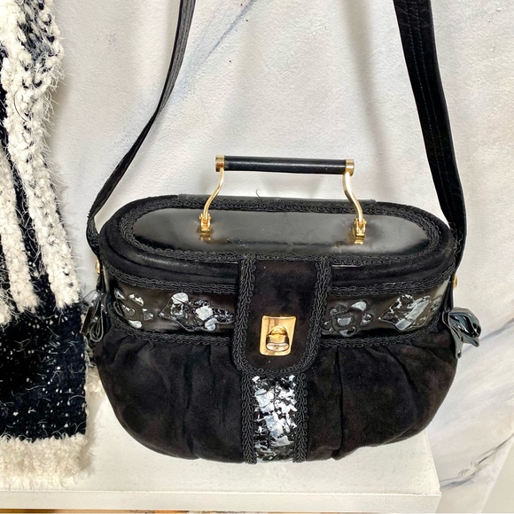 Rare velvet/leather 1950/1960s bag w top handle Made in CANADA - Picture 6 of 16